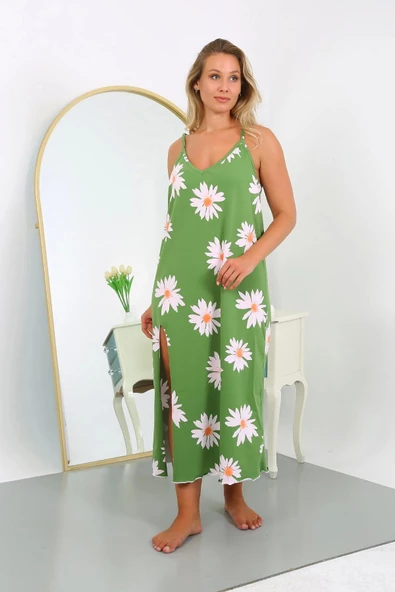 Moda Çizgi Kadın Büyük Beden İp Askılı Pamuklu Uzun Gecelik 12104 Yeşil - 3