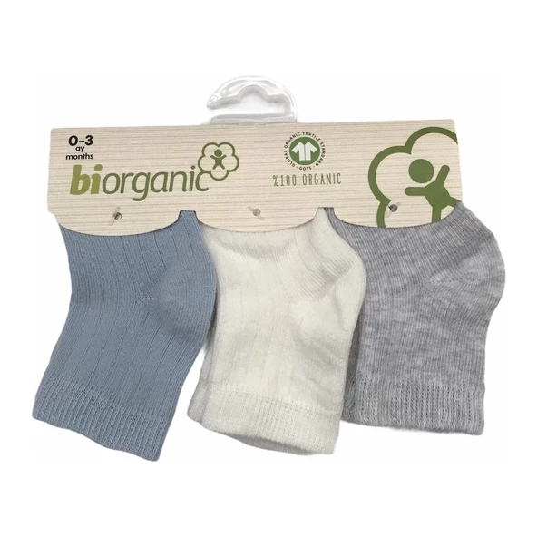 Bibaby Biorganik Desenli Basic 3'Lü Çorap 68344 Mavi Ekru Gri