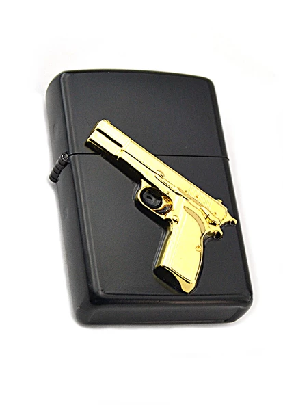 14 lü Tabanca Rölyefli Gold Görünümlü Benzinli Çakmak - 5