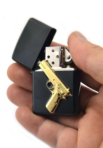 14 lü Tabanca Rölyefli Gold Görünümlü Benzinli Çakmak - 8
