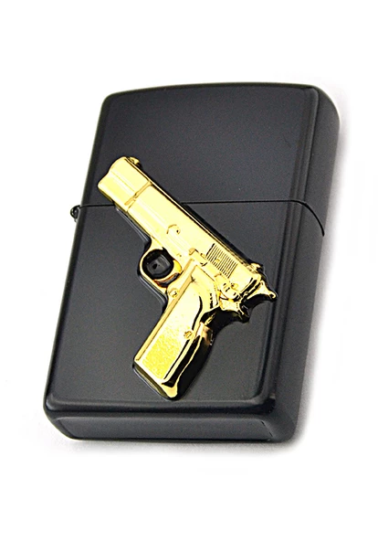 14 lü Tabanca Rölyefli Gold Görünümlü Benzinli Çakmak - 3
