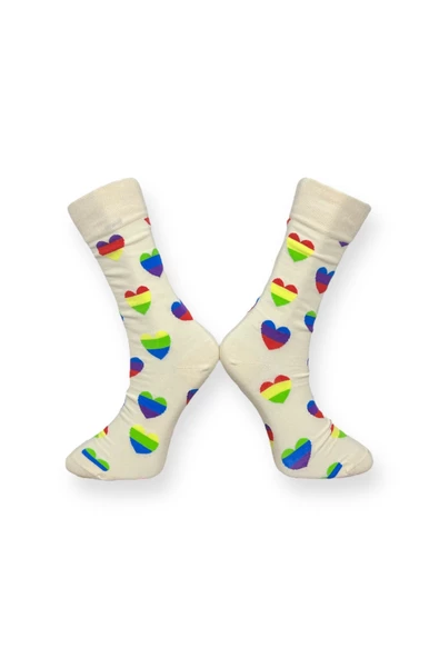 Me-vo  Tekli Bej Renkli Unisex Esnek Nem Alabilen Pamuklu Kalp Desenli Soket Çorap - Resim 2