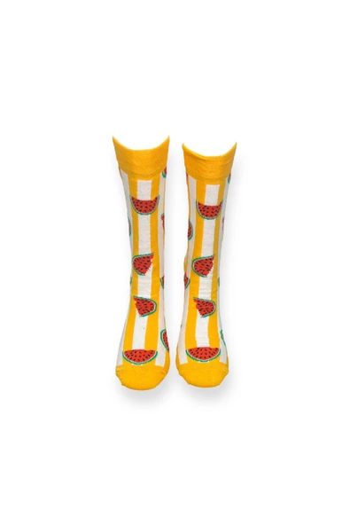 Me-vo  Tekli Sarı Renkli Unisex Esnek Nem Alabilen Pamuklu Karpuz Desenli Soket Çorap - Resim 3