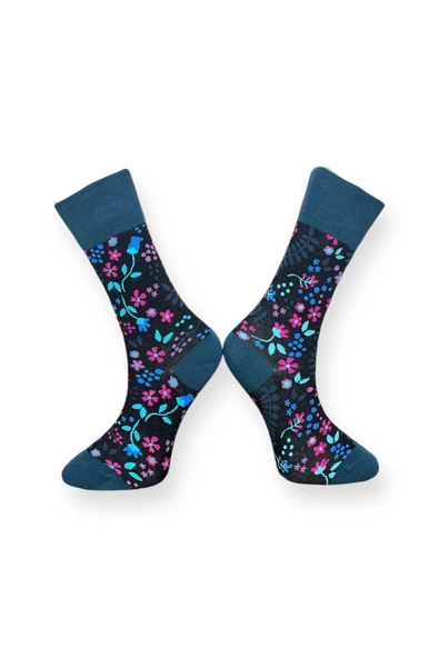 Me-vo  Tekli Siyah Renkli Unisex Esnek Nem Alabilen Pamuklu Çiçek Desenli Soket Çorap - Resim 2