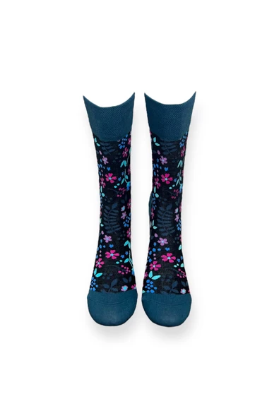 Me-vo  Tekli Siyah Renkli Unisex Esnek Nem Alabilen Pamuklu Çiçek Desenli Soket Çorap - Resim 3