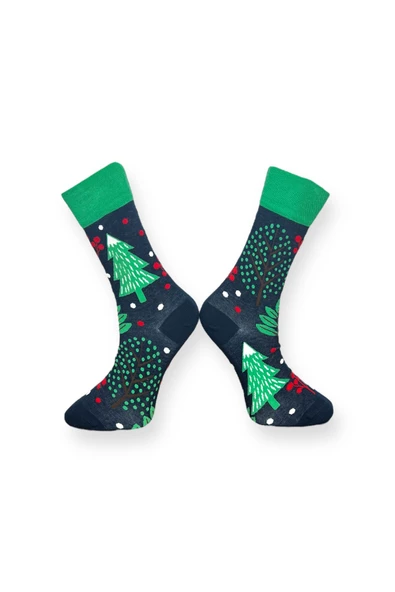 Me-vo  Tekli Lacivert Renkli Unisex Esnek Nem Alabilen Pamuklu Ağaç Desenli Soket Çorap - Resim 2