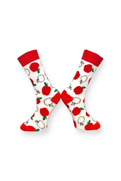 Me-vo  Tekli Kırmızı Renkli Unisex Esnek Nem Alabilen Pamuklu Elma Desenli Soket Çorap - Resim 2