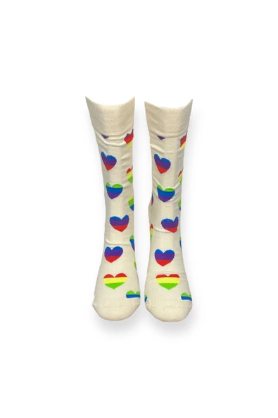 Me-vo  Tekli Bej Renkli Unisex Esnek Nem Alabilen Pamuklu Kalp Desenli Soket Çorap - Resim 3