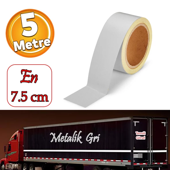 Düz Desensiz En 7.5 cm 5 Mt İkaz Bandı Reflektif Metalize Gri Renk Gece Parlayan Reflektörlü Bant