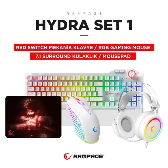 Rampage Hydra R6 Beyaz RED Switch Stormy Beyaz Kulaklık  Makrolu RGB Mouse + Mousepad 4lü OYUNCU SETİ - 2