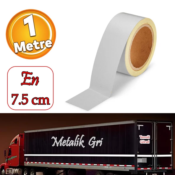 Düz Desensiz En 7.5 cm 1 Mt İkaz Bandı Reflektif Metalize Gri Renk Gece Parlayan Reflektörlü Bant