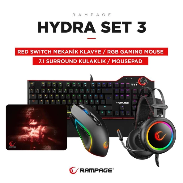 Rampage Hydra R6 Siyah RED Switch Stormy Siyah Kulaklık  Makrolu RGB Mouse + Mousepad 4lü OYUNCU SETİ