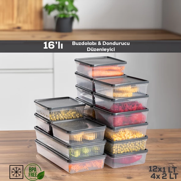 Porsima  16lI Buzdolabı Organizer Mikrodalga Ve Derin Dondurucuya Uygun Buzluk Bakliyat Saklama Kabı - Antrasit - 1