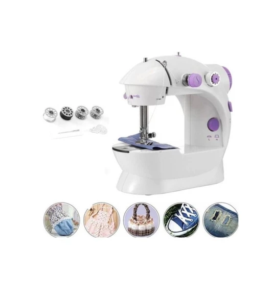 QASUL Işıklı Elektrikli Mini Dikiş Makinesi Ayak Pedallı Çok Fonksiyonlu Taşınabilir Dikiş Makinesi