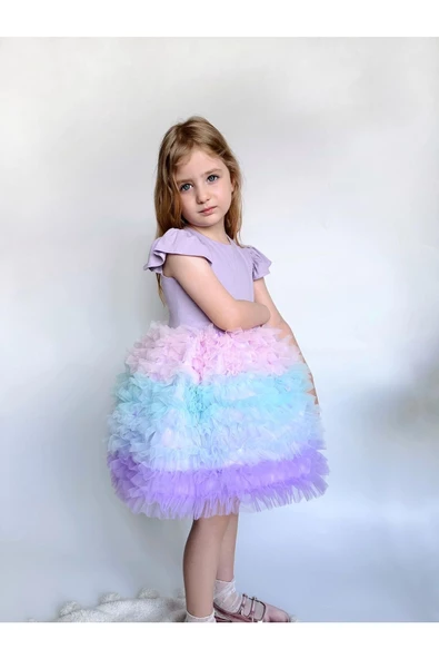 Rainbow Tütü Etekli Kısa Kollu Çocuk Elbisesi - 3