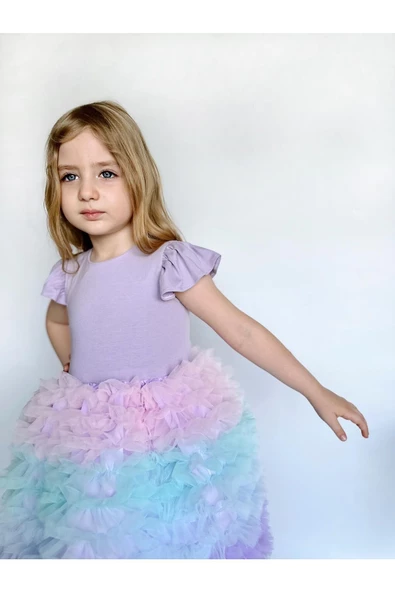 Rainbow Tütü Etekli Kısa Kollu Çocuk Elbisesi - 5