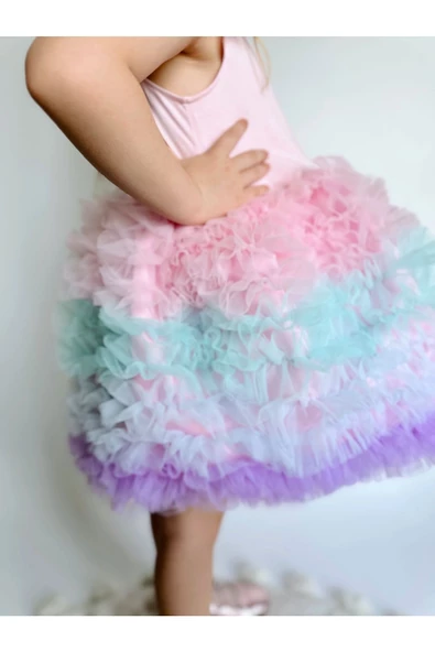 Rainbow Tütü Etekli Kısa Kollu Çocuk Elbisesi - 2