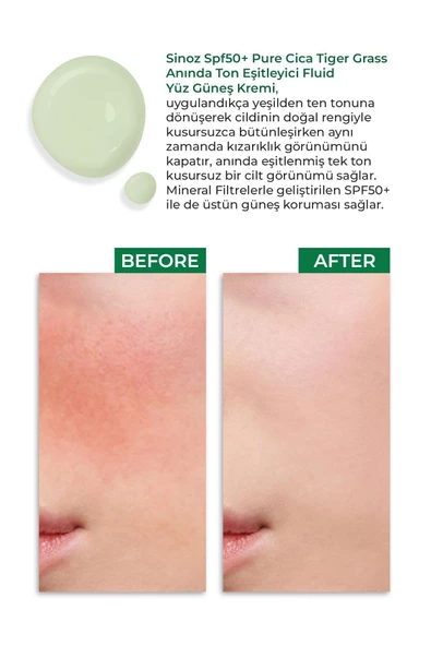 SİNOZ Spf50 Pure Cica Anında Ton Eşitleyici Yüz Bakım Kremi - Yeni Nesil Mineral Güneş Filtresi - 5