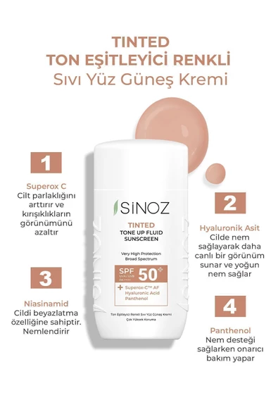 SİNOZ Spf50 Tinted Sıvı Yüz Güneş Kremi - Yeni Nesil Güneş Filtreleri Ile Hibrit Formül 50ml - 2