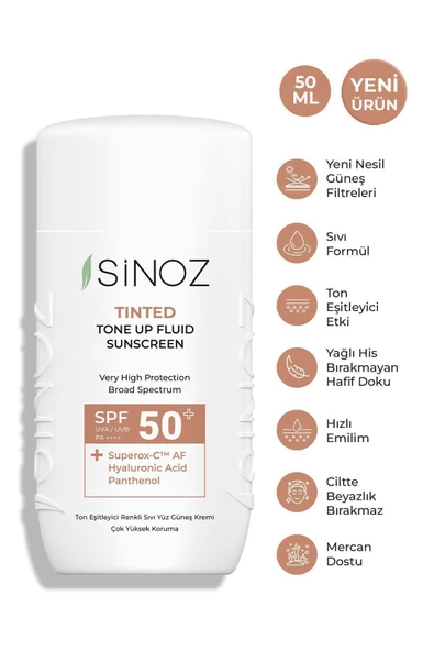 SİNOZ Spf50 Tinted Sıvı Yüz Güneş Kremi - Yeni Nesil Güneş Filtreleri Ile Hibrit Formül 50ml