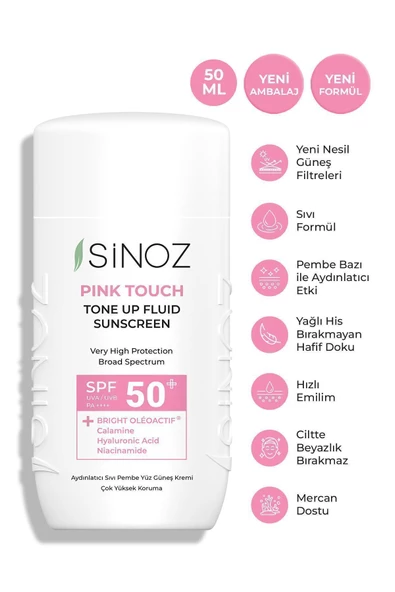 SİNOZ Spf50 Pink Touch Aydınlatıcı Sıvı Yüz Güneş Kremi Yeni Nesil Güneş Filtreleri Hibrit Formül 50ml