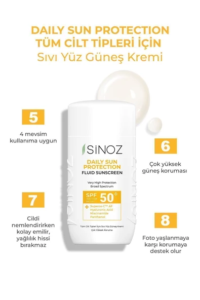 SİNOZ Spf50 Günlük Kullanım Sıvı Yüz Güneş Kremi - Yeni Nesil Güneş Filtreleri Ile Hibrit Formül 50ml - 3