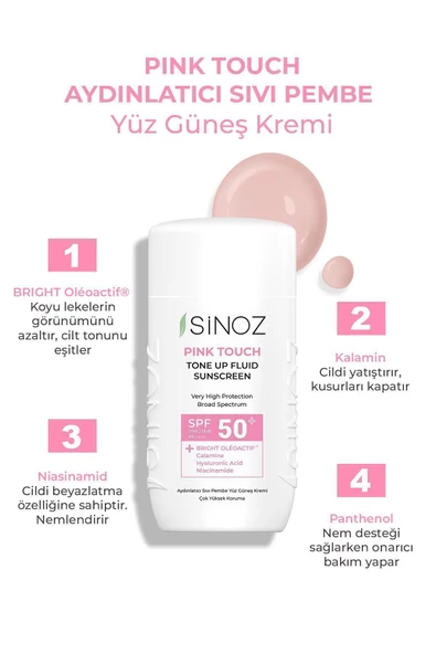 SİNOZ Spf50 Pink Touch Aydınlatıcı Sıvı Yüz Güneş Kremi Yeni Nesil Güneş Filtreleri Hibrit Formül 50ml - 2