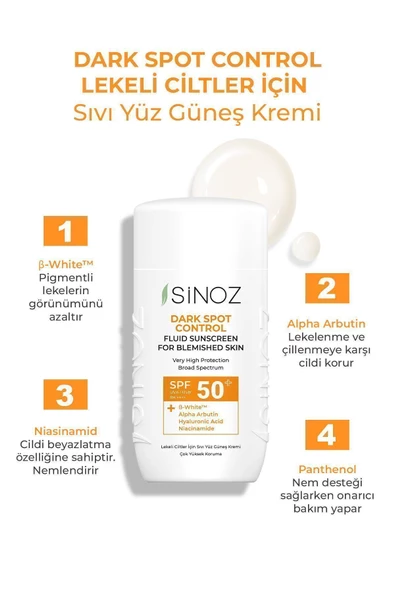 SİNOZ Spf50 Koyu Cilt Lekelerine Etkili Sıvı Yüz Güneş Kremi - Yeni Nesil Güneş Filtreleri Hibrit Formül - 2