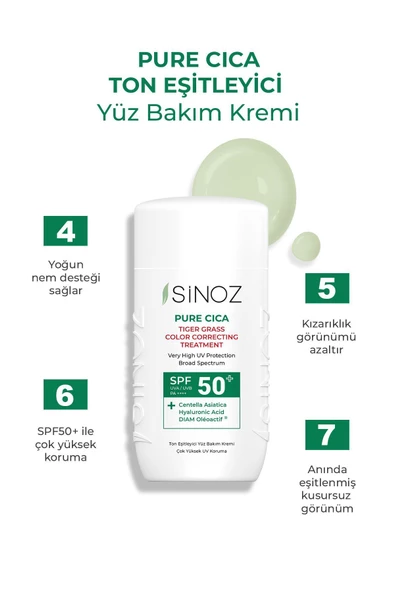 SİNOZ Spf50 Pure Cica Anında Ton Eşitleyici Yüz Bakım Kremi - Yeni Nesil Mineral Güneş Filtresi - 3