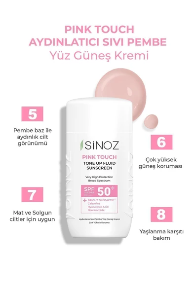 SİNOZ Spf50 Pink Touch Aydınlatıcı Sıvı Yüz Güneş Kremi Yeni Nesil Güneş Filtreleri Hibrit Formül 50ml - 3