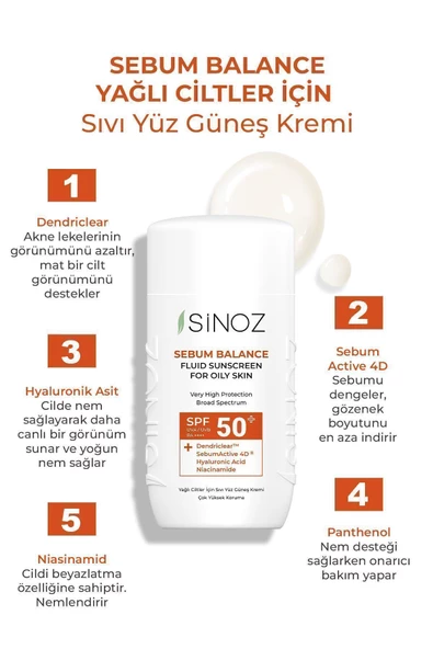 SİNOZ Spf50 Yağlı Ciltlere Özel Sıvı Yüz Güneş Kremi - Yeni Nesil Güneş Filtreleri Hibrit Formül 50ml - 2