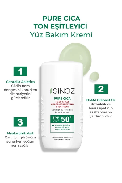 SİNOZ Spf50 Pure Cica Anında Ton Eşitleyici Yüz Bakım Kremi - Yeni Nesil Mineral Güneş Filtresi - 2