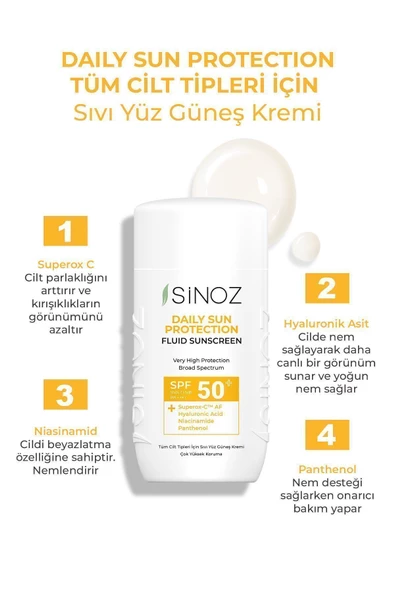 SİNOZ Spf50 Günlük Kullanım Sıvı Yüz Güneş Kremi - Yeni Nesil Güneş Filtreleri Ile Hibrit Formül 50ml - 2