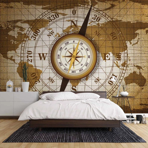 Dünya Haritası Zeminli Pusula Duvar Kağıdı Baskı - Resim 2