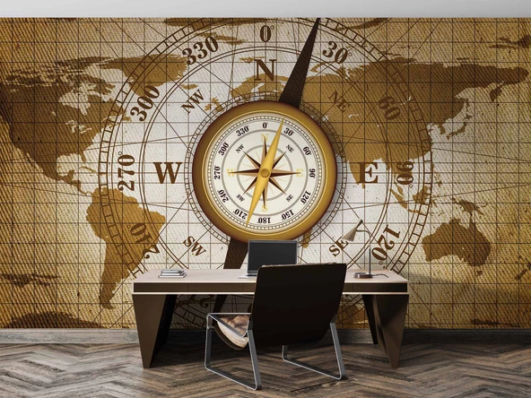 Dünya Haritası Zeminli Pusula Duvar Kağıdı Baskı - Resim 3