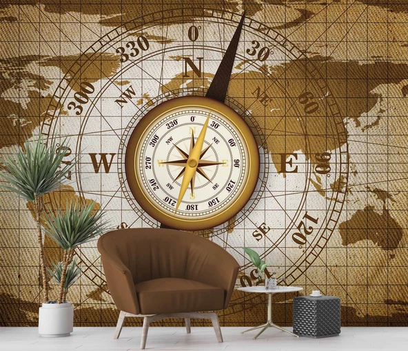 Dünya Haritası Zeminli Pusula Duvar Kağıdı Baskı - Resim 5