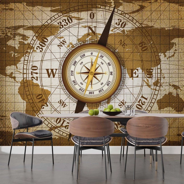 Dünya Haritası Zeminli Pusula Duvar Kağıdı Baskı - Resim 4