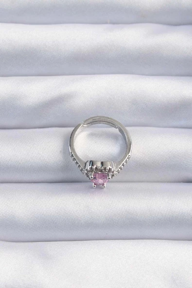 MuI MuI Pirinç Gümüş Renk Pembe Zirkon Taşlı Charm Model Ayarlanabilir Yüzük - 2