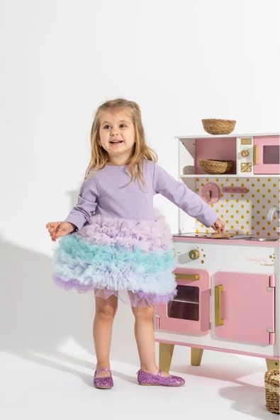 Rainbow Tütü Etekli Uzun Kollu Çocuk Elbisesi - 6