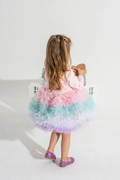 Rainbow Tütü Etekli Uzun Kollu Çocuk Elbisesi - 2