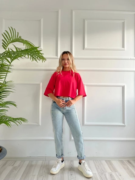 Kadın Basic Crop Tshirt - Resim 4