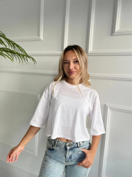 Kadın Basic Crop Tshirt - Resim 3