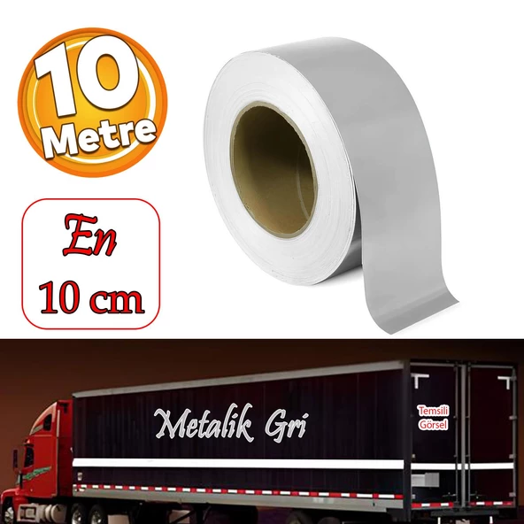 Düz Desensiz En 10 cm 10 Mt İkaz Bandı Reflektif Metalize Gri Renk Gece Parlayan Reflektörlü Bant