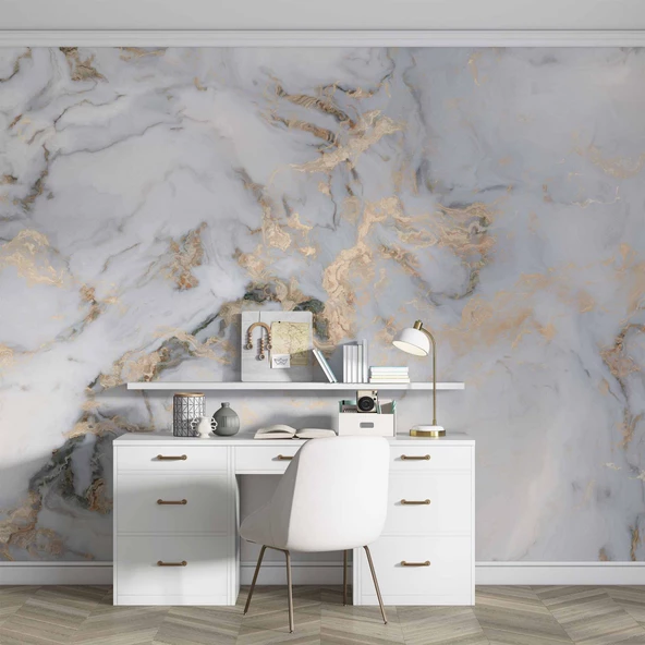 Beyaz Gold Mermer Desenli Duvar Kağıdı Baskı - 4