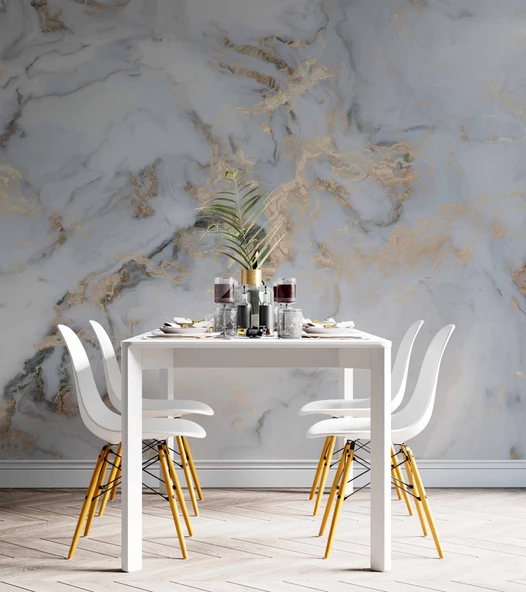 Beyaz Gold Mermer Desenli Duvar Kağıdı Baskı - 5