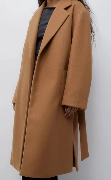 Pull & Bear Kemerli Kaşe Uzun Kaban - 2