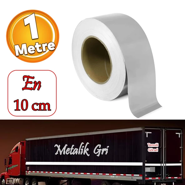 Metalize Gri Renk Düz Desensiz En 10 cm 1 Mt İkaz Bandı Reflektif Gece Parlayan Reflektörlü Bant