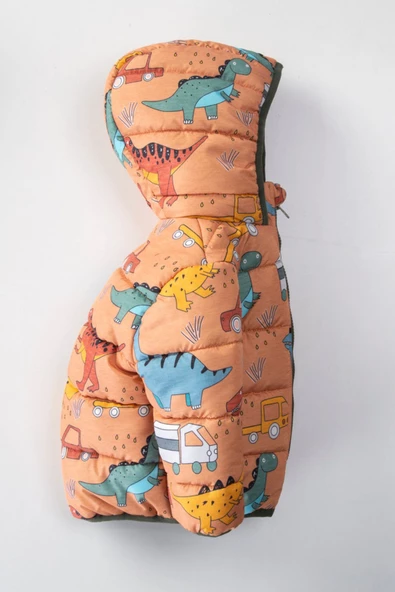 Trend Kamyonet & Dinozor Desenli İçi Polar Astarlı Kapüşonlu Kışlık İçi Peluş Erkek Bebek Mont Şişme - 3