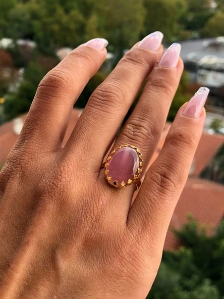 PEMBE KEDİ GÖZÜ TAŞI ORJİNAL DOĞALTAŞ ALTIN KAPLAMA AYARLANABİLİNİR YÜZÜK-DOĞALTAŞYÜZÜK12 - 5