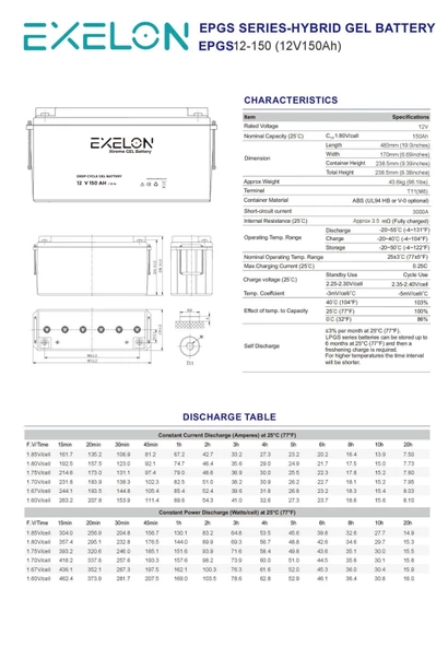 Exelon 12 Volt 150 Amper Jel Akü Derin Döngü Deep Cycle - 2